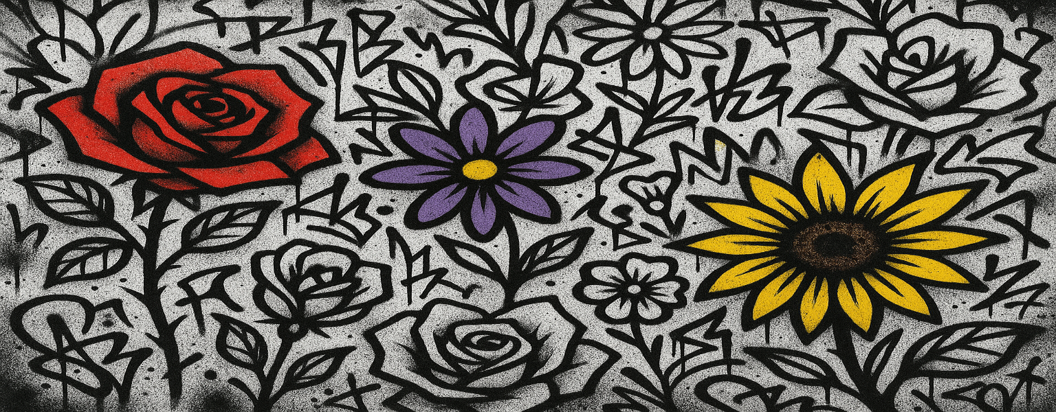 FLORES TIPO GRAFITI A BLANCO Y NEGRO CON UNA QUE OTRA FLOR A COLOR